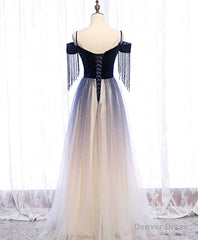 Blue Tulle Long Prom Dress Blue Tulle Formal Dress with Beading Velvet