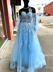 Blue Tulle Long Sleeve Appliques Prom Dress