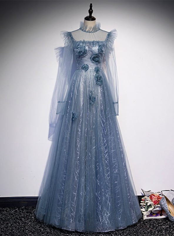 Blue Tulle Long Sleeve High Neck Backless Prom Dress