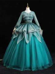 Blue Tulle Long Sleeve Pleats Appliques Beading Quinceanera Dresses