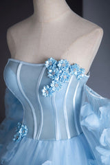 Blue Tulle Long Sleeves Formal Dresses with Flowers, Blue A-Line Prom Party Dresses