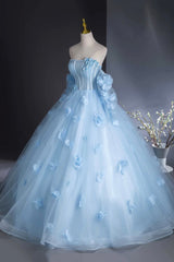 Blue Tulle Long Sleeves Formal Dresses with Flowers, Blue A-Line Prom Party Dresses