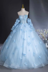 Blue Tulle Long Sleeves Formal Dresses with Flowers, Blue A-Line Prom Party Dresses