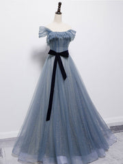 Blue Tulle Off Shoulder Sequin Long Prom Dresses Blue Evening Dresses