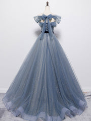 Blue Tulle Off Shoulder Sequin Long Prom Dresses Blue Evening Dresses