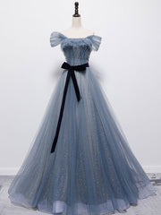 Blue Tulle Off Shoulder Sequin Long Prom Dresses Blue Evening Dresses