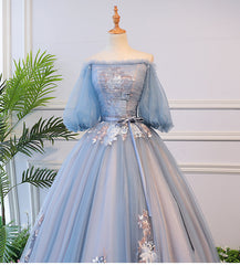 Blue Tulle Off Shoulder with Lace Floral Long Party Dresses, Cute Party Dresses Prom Dresses