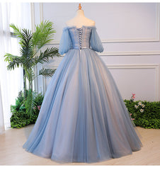 Blue Tulle Off Shoulder with Lace Floral Long Party Dresses, Cute Party Dresses Prom Dresses