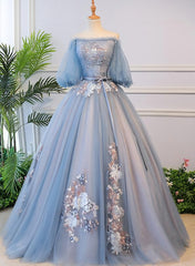 Blue Tulle Off Shoulder with Lace Floral Long Party Dresses, Cute Party Dresses Prom Dresses