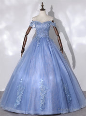 Blue Tulle Off the Shoulder Appliques Beading Quinceanera Dress