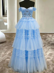 Blue Tulle Off the Shoulder Appliques Tiers Prom Dresses