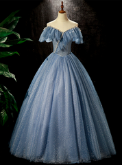 Blue Tulle Off the Shoulder Pearls Quinceanera Dresses