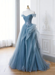 Blue Tulle Off the Shoulder Pleats Prom Dresses