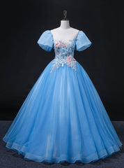 Blue Tulle Puff Sleeve Appliques Quinceanera Dresses