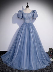 Blue Tulle Puff Sleeve Pearls Prom Dresses