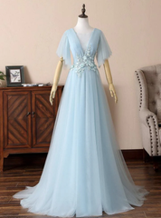 Blue Tulle See Through Neck Appliques Pleats prom Dresses