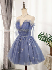 Blue Tulle Sequin Short Prom Dresses, Puffy Blue Homecoming Dresses