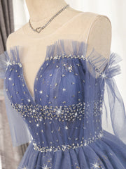 Blue Tulle Sequin Short Prom Dresses, Puffy Blue Homecoming Dresses