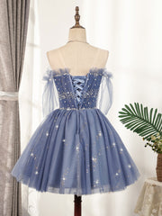 Blue Tulle Sequin Short Prom Dresses, Puffy Blue Homecoming Dresses