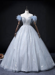 Blue Tulle Sequins Beading Feather Quinceanera Dresses