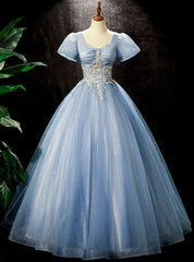 Blue Tulle Sequins Beading Puff Sleeve Quinceanera Dress