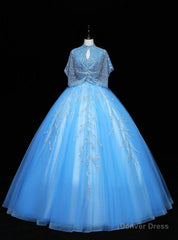 Blue Tulle Sequins Beading Quinceanera Dress