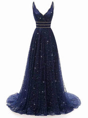 Blue Tulle Sequins Bling Bling V-neck Long Prom Party Dresses