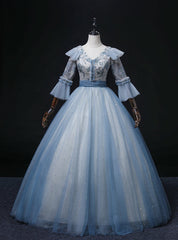 Blue Tulle Sequins Embroidery Short Sleeve Quinceanera Dresses