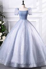 Blue Tulle Sequins Floor Length Prom Dresses, Elegant Short Sleeve Evening Party Dresses