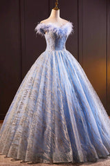 Blue Tulle Sequins Long A-Line Prom Dresses with Feather, Off the Shoulder Evening Party Dresses