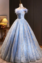 Blue Tulle Sequins Long A-Line Prom Dresses with Feather, Off the Shoulder Evening Party Dresses