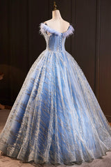 Blue Tulle Sequins Long A-Line Prom Dresses with Feather, Off the Shoulder Evening Party Dresses