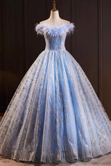 Blue Tulle Sequins Long A-Line Prom Dresses with Feather, Off the Shoulder Evening Party Dresses