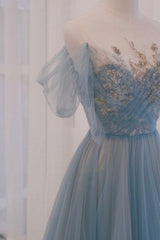 Blue Tulle Sequins Long Prom Dresses, A-Line Scoop Neckline Party Dresses