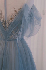 Blue Tulle Sequins Long Prom Dresses, A-Line Scoop Neckline Party Dresses