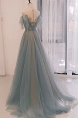 Blue Tulle Sequins Long Prom Dresses, A-Line Scoop Neckline Party Dresses