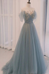 Blue Tulle Sequins Long Prom Dresses, A-Line Scoop Neckline Party Dresses