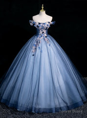 Blue Tulle Sequins Off the Shoulder Appliques Ball Gown Quinceanera Dress