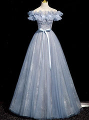 Blue Tulle Sequins Off the Shoulder Flower Beading Prom Dresses