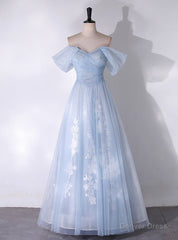 Blue Tulle Sequins Off the Shoulder Lace Beading Prom Dress