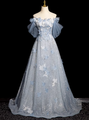 Blue Tulle Sequins Off the Shoulder Lace Flower Prom Dresses