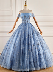 Blue Tulle Sequins Pearls Quinceanera Dresses