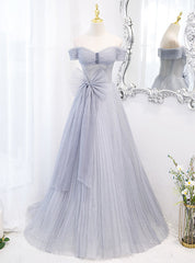 Blue Tulle Sequins Pleats Bow Prom Dresses