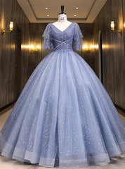 Blue Tulle Sequins Pleats V-neck Quinceanera Dress