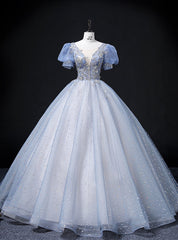 Blue Tulle Sequins See Through V-neck Puff Sleeve Beading Quinceanera Dresses