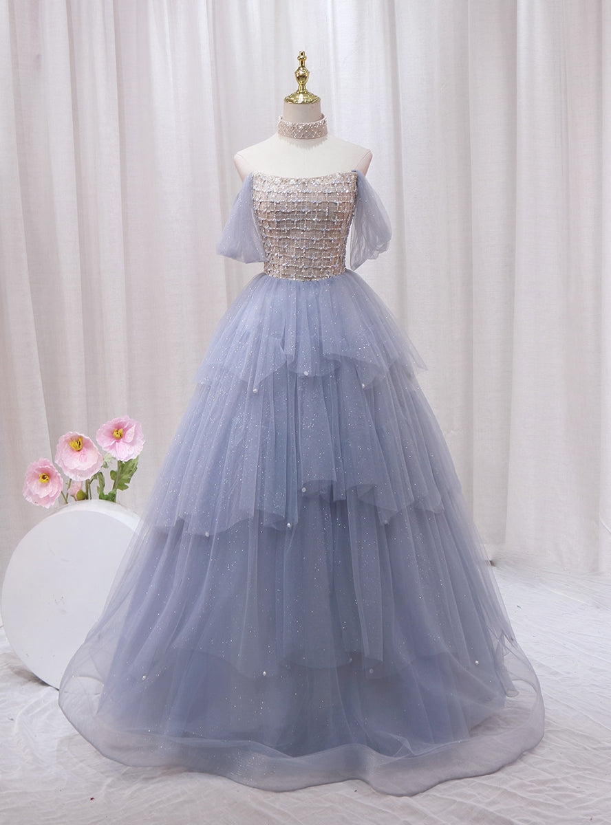 Blue Tulle Sequins Strapless Beading Prom Dress