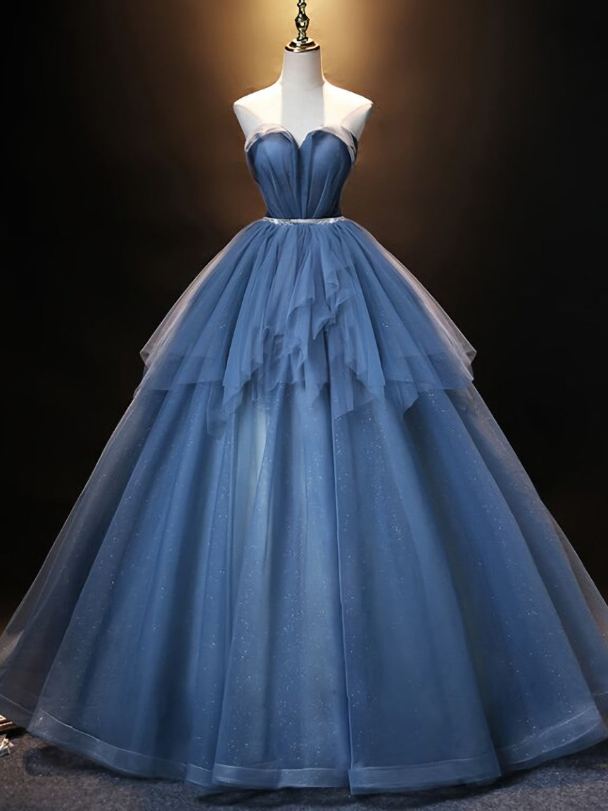 Blue Tulle Sequins Strapless Beading Quinceanera Dress