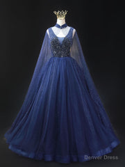 Blue Tulle Sequins V-neck Beading Prom Dress