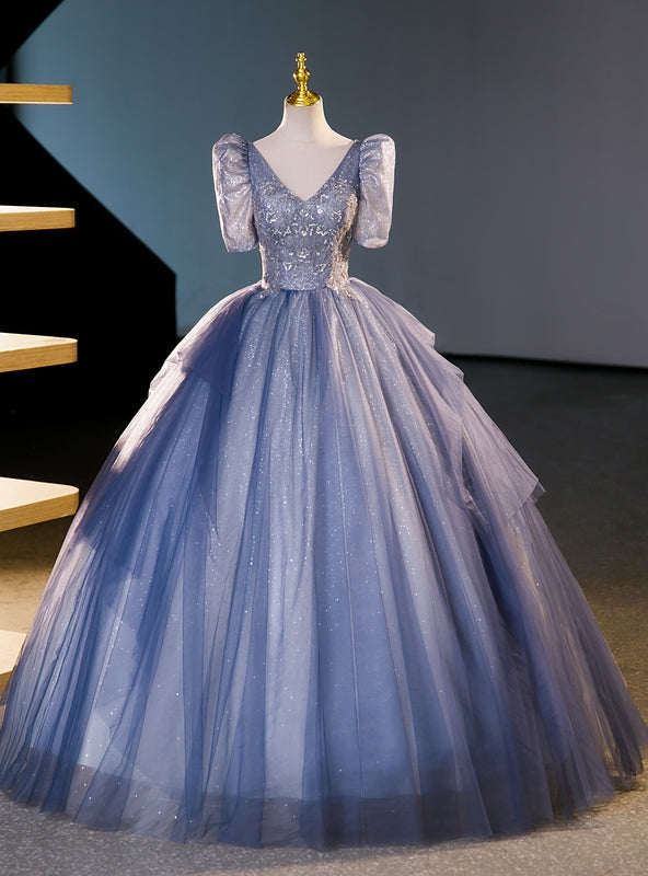 Blue Tulle Sequins V-neck Short Sleeve Quinceanera Dress