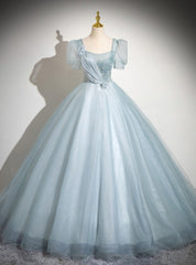 Blue Tulle Short Sleeve Flower Quinceanera Dresses